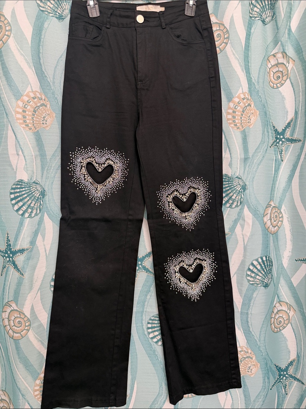 Black Flare Jeans with Rhinestone Heart Cutouts